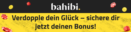 Banner mit dem Schriftzug bahibi und einem Hinweis auf einen Bonus umgeben von fallenden Spielchips