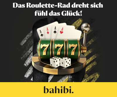 Grafik mit einem klassischen 777 Slot einem Würfelpaar und vier Ass Karten über dem Schriftzug bahibi