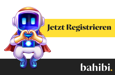 Illustration eines Astronauten der ein Herzsymbol formt neben einem gelben Jetzt Registrieren Hinweis im Kontext von Bahibi Casino