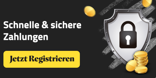 Grafik mit einem Schild und einem Schlosssymbol umgeben von Münzen neben einem gelben Jetzt Registrieren Hinweis