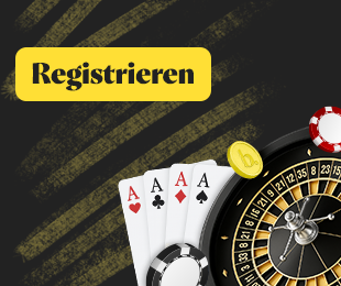Spielkarten und ein Roulette Rad neben einem gelben Registrieren Hinweis